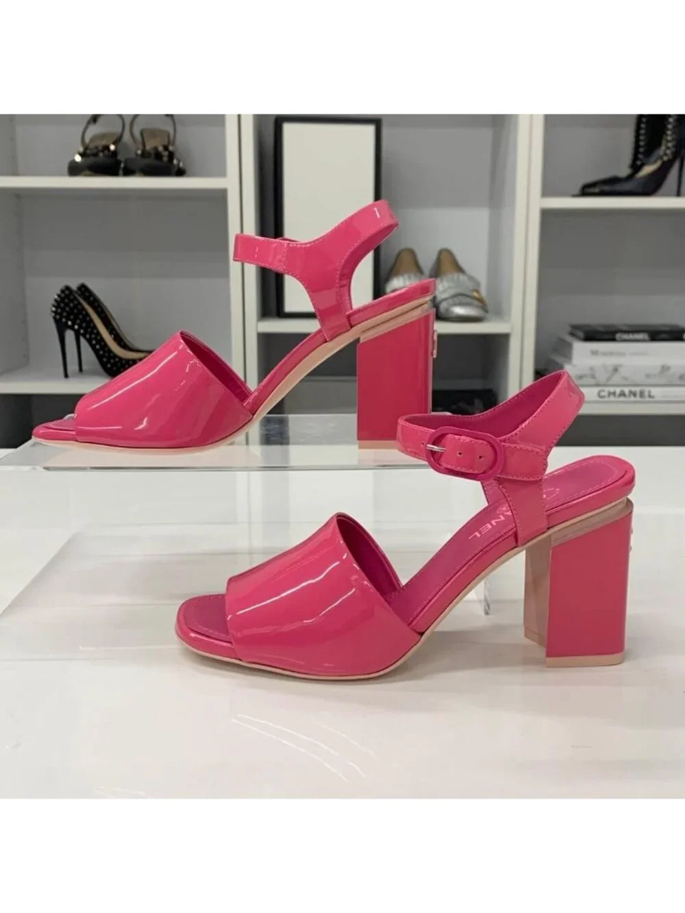 Chanel CC Logo Patent Strap Sandals Pink